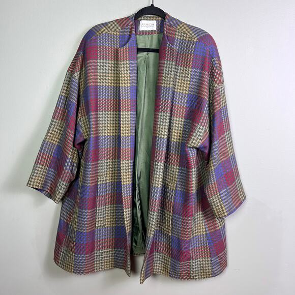Jun Ashida Paris coat medium plaid houndstooth colorful wool oversized shawl - Picture 2 of 11